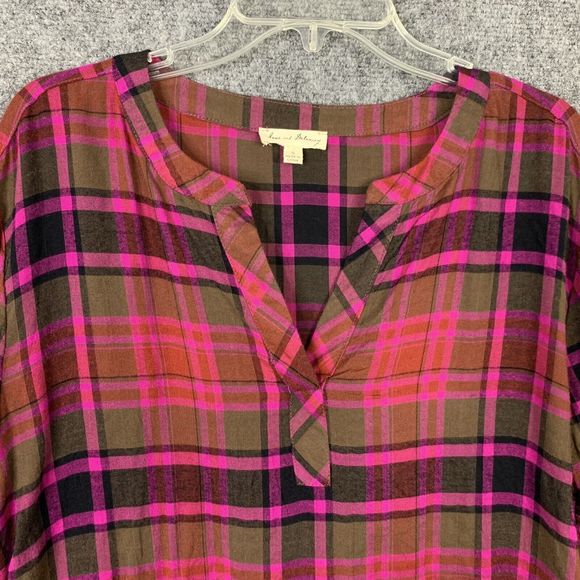 Jane & Delancey Long Sleeve Top S Pink Navy Plaid Hi-Low Light Weight Flannel - Picture 5 of 12